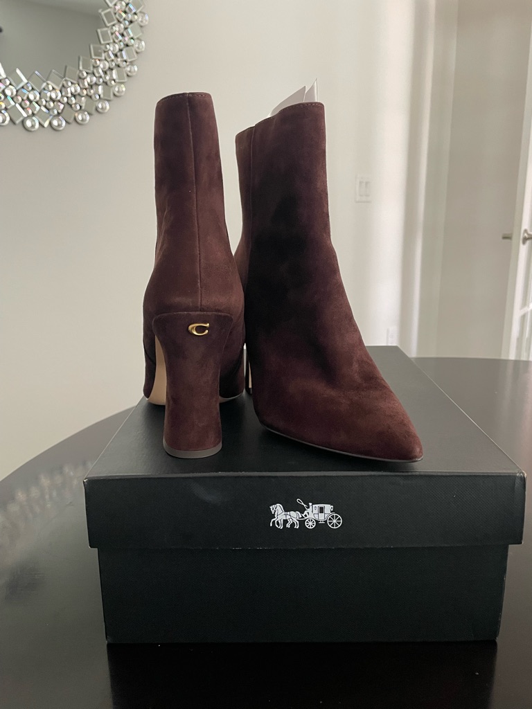 Coach Brown Suede Pointed Toe Block Heel Ankle Booties